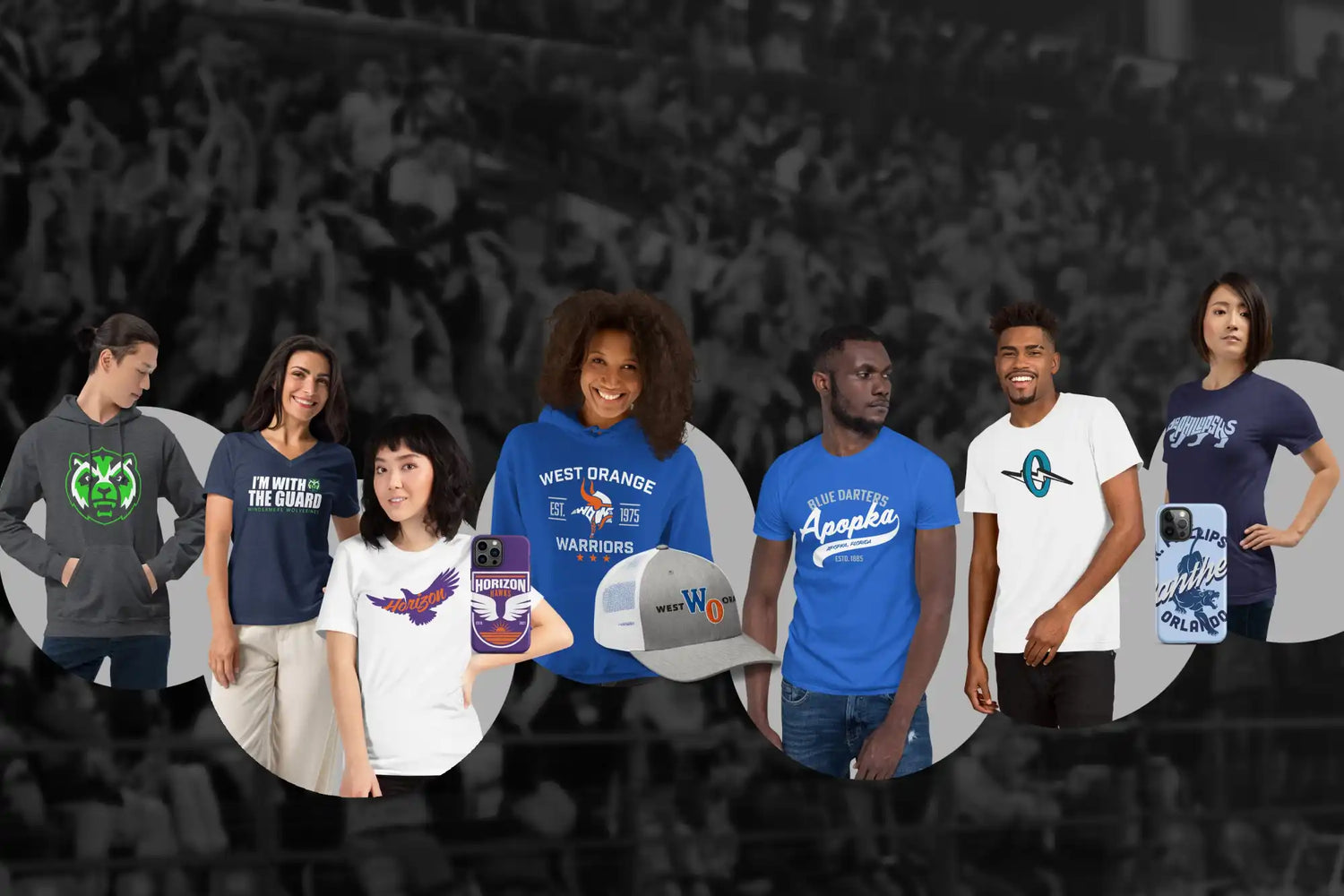 A group of people modeling various apparel items and phone cases.