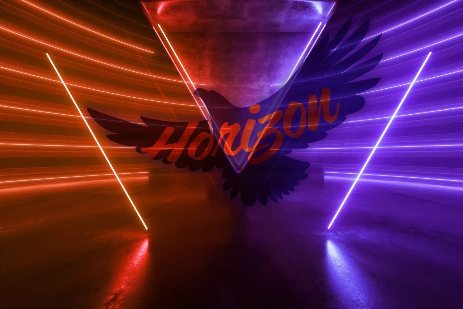 Neon-lit eagle with triangle.