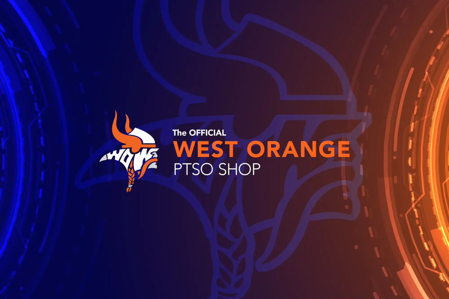 A promotional graphic for ’The Official West Orange PTSO Shop’ featuring a stylized Viking head logo.